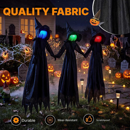 Halloween Witch Decorations Set of 3 with LED Lighted Heads, Outdoor, Black