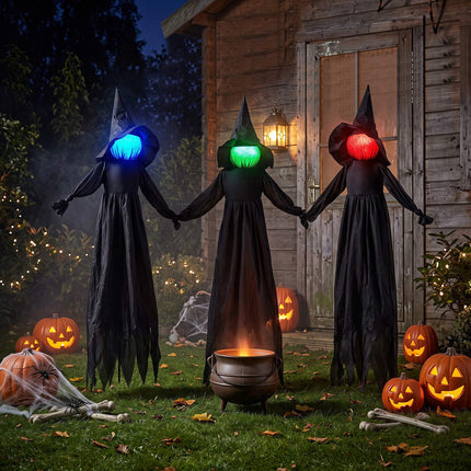 Halloween Witch Decorations Set of 3 with LED Lighted Heads, Outdoor, Black