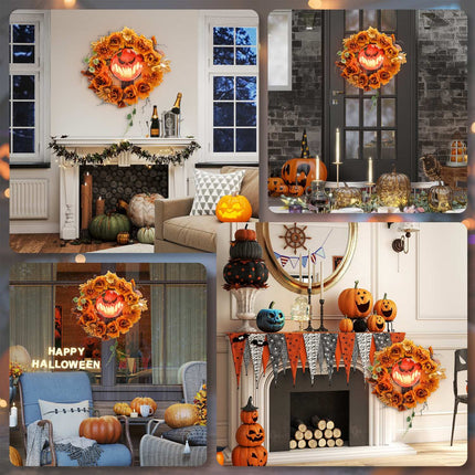 Halloweenský věnec s dýní, podzimní listí, LED efekty