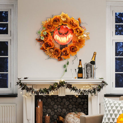 Halloweenský věnec s dýní, podzimní listí, LED efekty