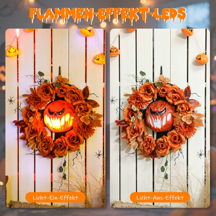 Halloweenský věnec s dýní, podzimní listí, LED efekty