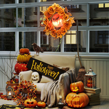Halloweenský věnec s dýní, podzimní listí, LED efekty