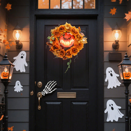 Halloweenský věnec s dýní, podzimní listí, LED efekty