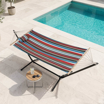 Hammock with Stand, Wooden Spreader Bars & Cushion