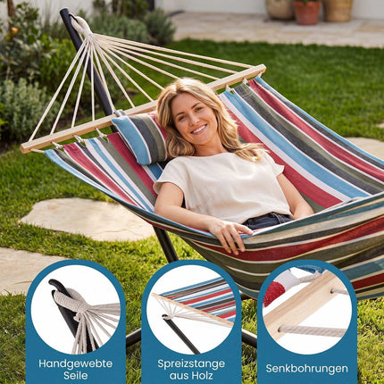 Hammock with Stand, Wooden Spreader Bars & Cushion