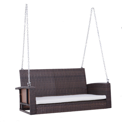 Ratanová zahradní houpačka pro 2 osoby s polštářem - hnědá, 127x57.5x60 cm