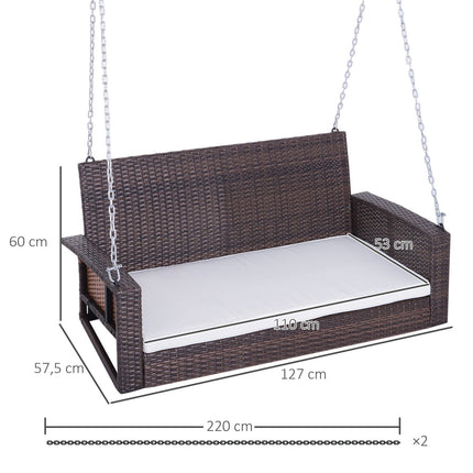 Ratanová zahradní houpačka pro 2 osoby s polštářem - hnědá, 127x57.5x60 cm