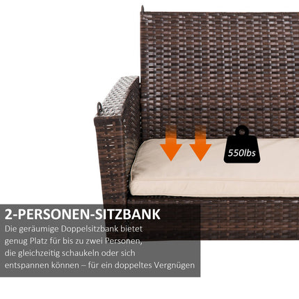 Ratanová zahradní houpačka pro 2 osoby s polštářem - hnědá, 127x57.5x60 cm