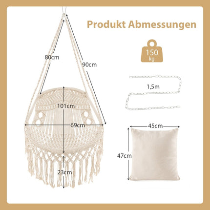 Hängesessel mit 2 Kissen, 150 kg Tragkraft, Beige