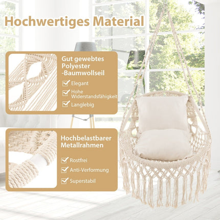 Hängesessel mit 2 Kissen, 150 kg Tragkraft, Beige