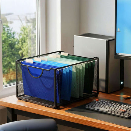 Závěsný box na dokumenty, ocelová síťovina, stohovatelný s držadly