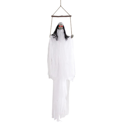 Hanging Halloween Girl Prop with Light-Up Eyes, Creepy Sounds, White Robe