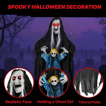 Hanging Halloween Witch Holding Ghost Girl, Sound Activated, Spooky Sounds