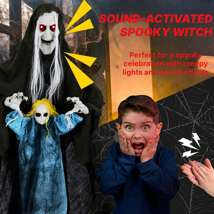 Hanging Halloween Witch Holding Ghost Girl, Sound Activated, Spooky Sounds