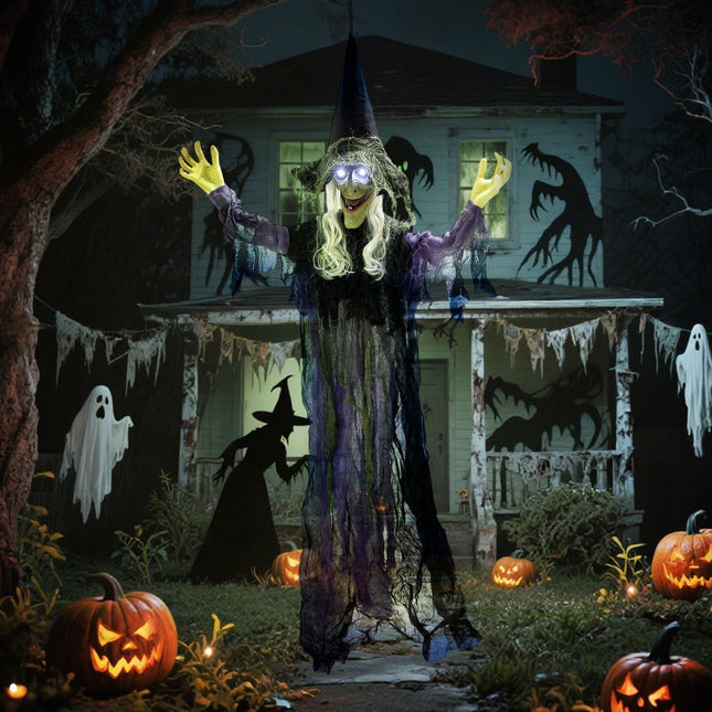 Závěsná halloweenská čarodějnice s LED světly a zvukem, 183cm