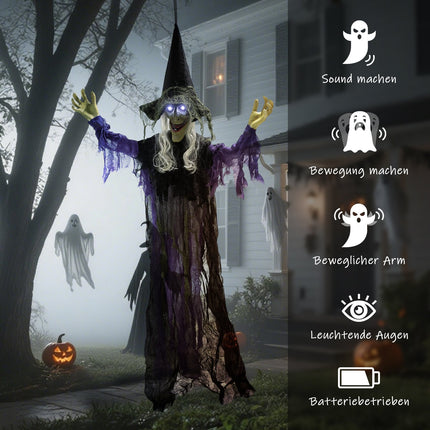 Závěsná halloweenská čarodějnice s LED světly a zvukem, 183cm