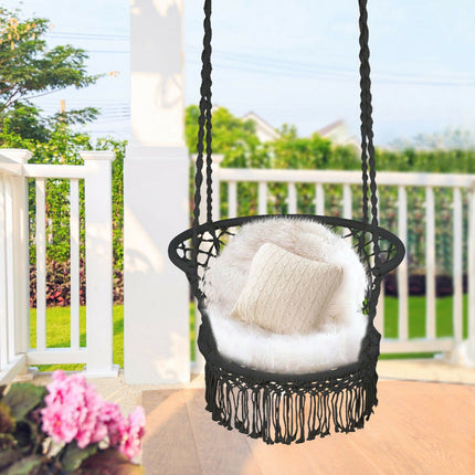 Závěsné houpací křeslo, bavlněné macramé opěradlo, černá