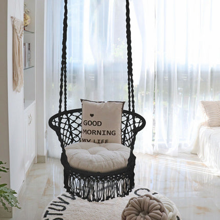 Závěsné houpací křeslo, bavlněné macramé opěradlo, černá
