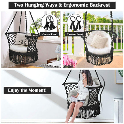 Závěsné houpací křeslo, bavlněné macramé opěradlo, černá