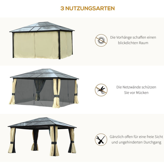 Zahradní pavilon s pevnou střechou 4.2x3.6m, závěsy s moskytiérou