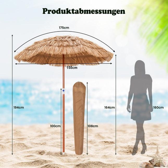 Havajský plážový slunečník s obalem a naklápěním, stolní slunečník 175 cm