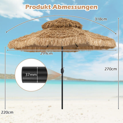 Havajský slunečník Tiki, 299cm PE sláma, nastavitelný sklon