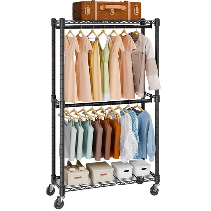 Heavy Duty Rolling Clothes Rack, Double Rod, Shelves, 300 lb