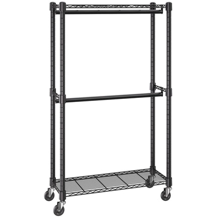 Heavy Duty Rolling Clothes Rack, Double Rod, Shelves, 300 lb