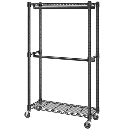 Heavy Duty Rolling Clothes Rack, Double Rod, Shelves, 300 lb