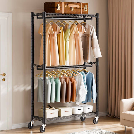 Heavy Duty Rolling Clothes Rack, Double Rod, Shelves, 300 lb
