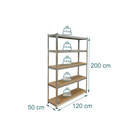 Odolný ocelový regál, 5 pater, nosnost 875 kg