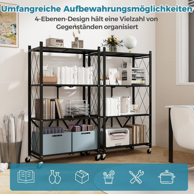 Robuuste opvouwbare plank, 4 niveaus, staande plank met vergrendelbare wielen, zwart, 71 x 34 x 126 cm