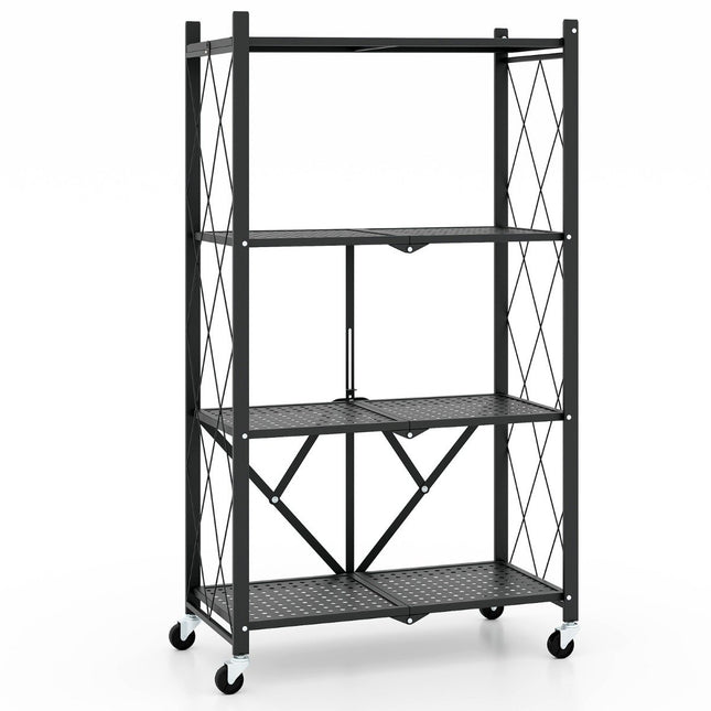 Robuuste opvouwbare plank, 4 niveaus, staande plank met vergrendelbare wielen, zwart, 71 x 34 x 126 cm