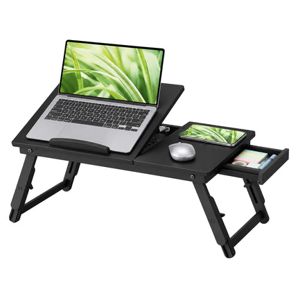 Height-Adjustable Bamboo Lap Desk with Drawer, 5 Tilt Angles – Black, Foldable