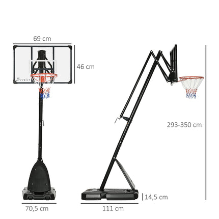Nastavitelný ocelový basketbalový stojan, 293-350 cm, s kolečky