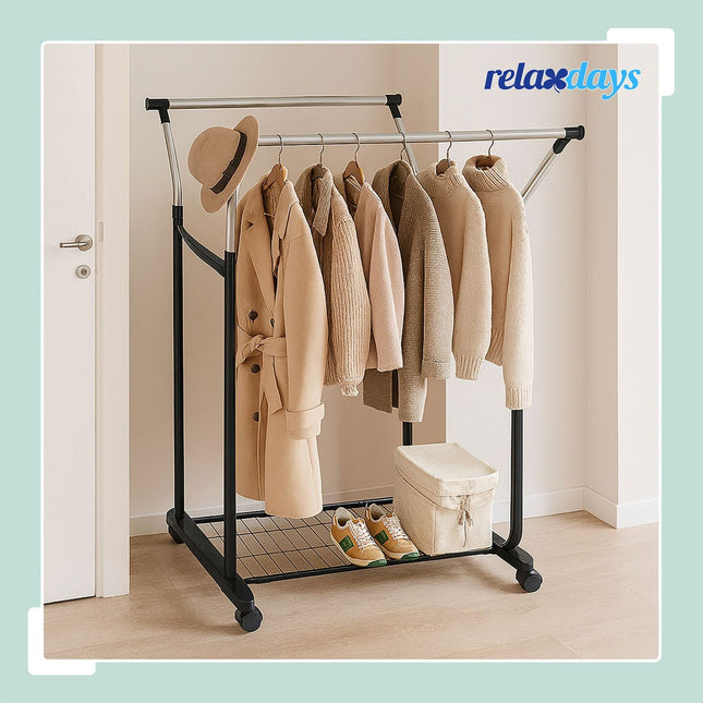 Height-Adjustable Clothes Rack with 2 Rails and Wheels