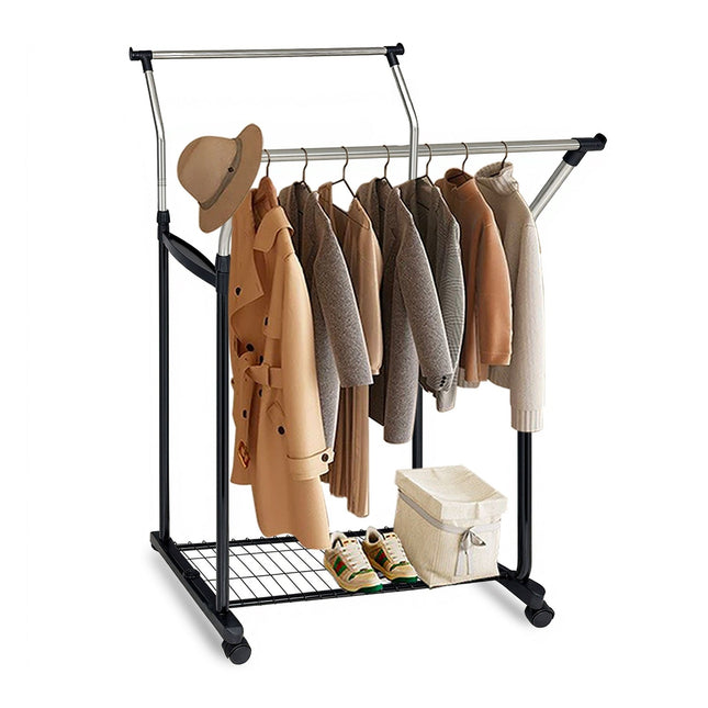 Height-Adjustable Clothes Rack with 2 Rails and Wheels