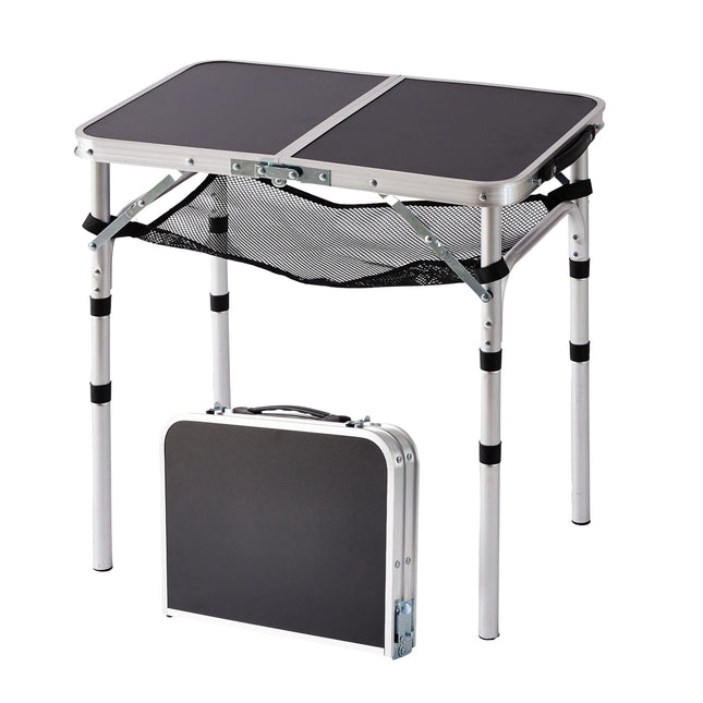 In hoogte verstelbare opklapbare campingtafel met aluminium frame.