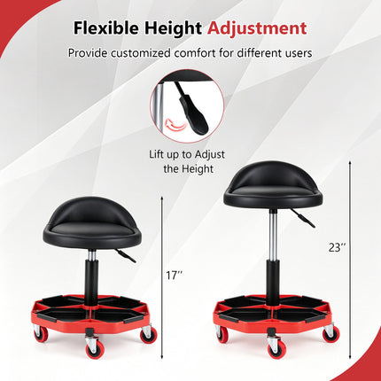 Height Adjustable Garage Stool with PU Leather Seat, Black/Red