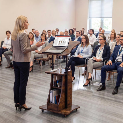 Výškově nastavitelný pojízdný vozík na notebook, sklopná deska, úložný prostor, bílá