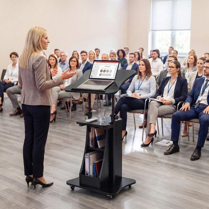 Výškově nastavitelný pojízdný řečnický pult se sklopnou deskou, černá