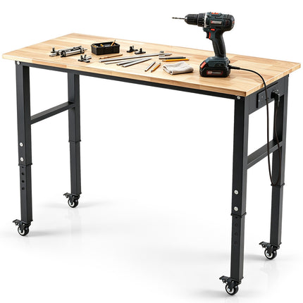 Height-Adjustable Mobile Workbench with Rubberwood Top