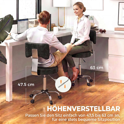 Height-Adjustable Rolling Salon Stool with Backrest, PU Leather, Black
