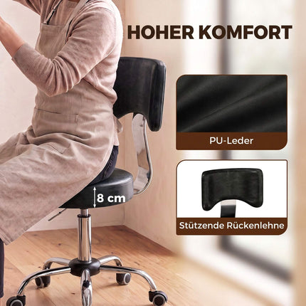 Height-Adjustable Rolling Salon Stool with Backrest, PU Leather, Black