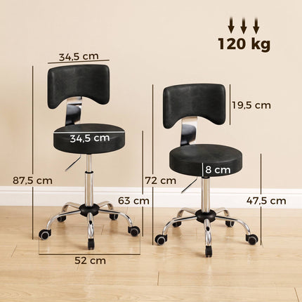 Height-Adjustable Rolling Salon Stool with Backrest, PU Leather, Black