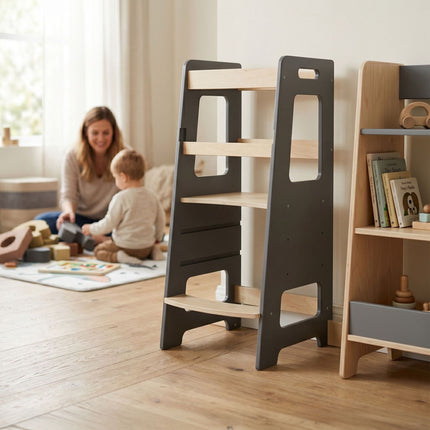 Höhenverstellbarer Lernturm aus MDF-Holz für Kleinkinder