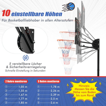 Výškově nastavitelný basketbalový koš se stojanem a 2 kolečky, 105-260 cm, černá