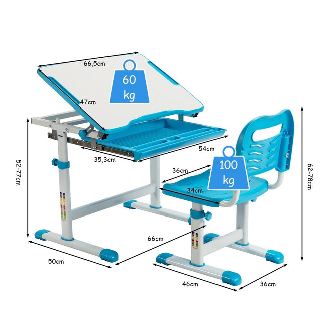 Height-adjustable children's desk set with tilting table top and drawer blue
