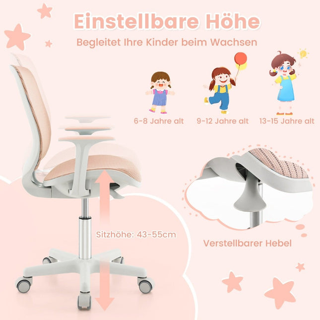 Výškově nastavitelná dětská otočná židle s brzdou sedáku, ergonomická židle k psacímu stolu, kancelářská židle, růžová