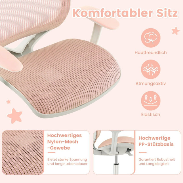 Výškově nastavitelná dětská otočná židle s brzdou sedáku, ergonomická židle k psacímu stolu, kancelářská židle, růžová